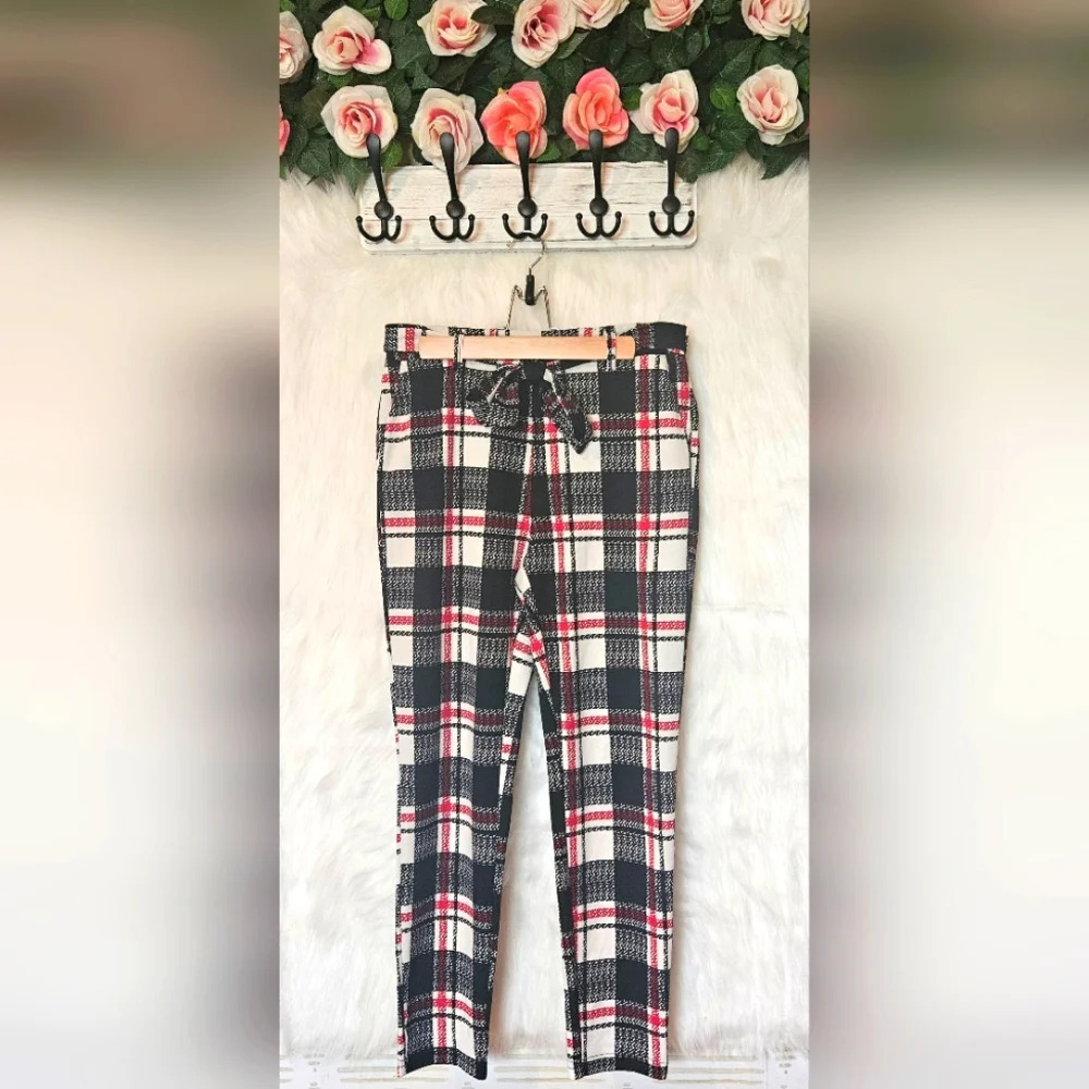 Shein Classic Plaid Tie Belt Slacks (NWOT)